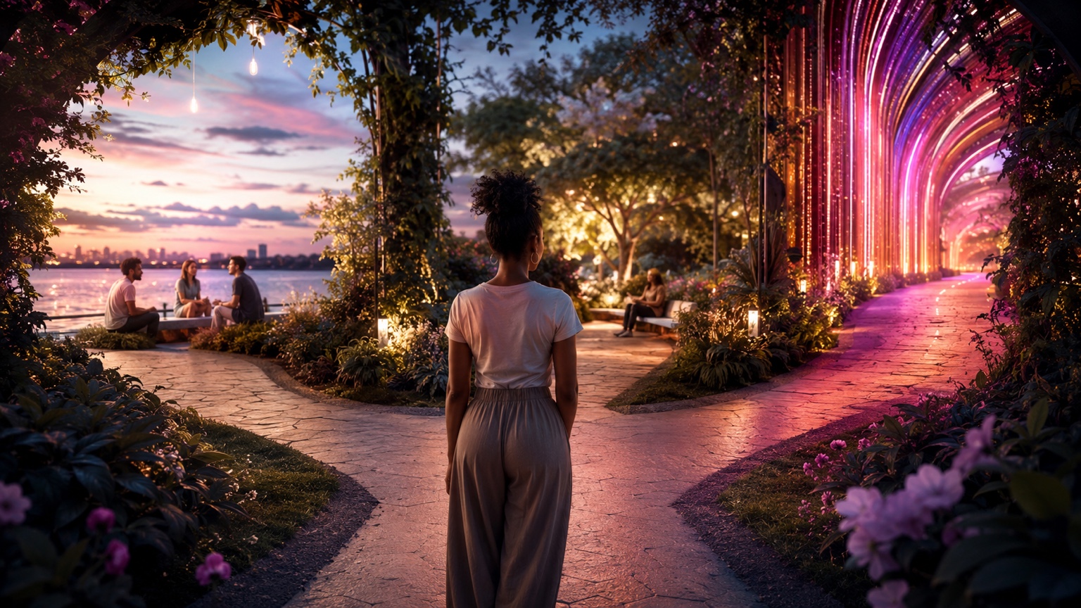 An adult walks toward a luminous tropical garden threshold beside calm ocean water and flowering paths