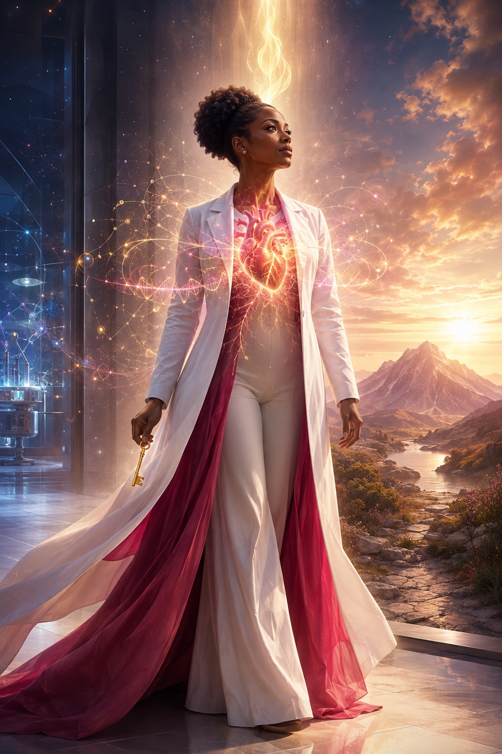 An adult physician scientist stands between a luminous scientific field and a mountain landscape filled with warm light
